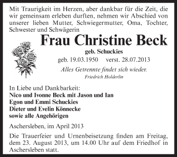 Traueranzeige von Christine Beck von WVG - Wochenspiegel Aschersleben
