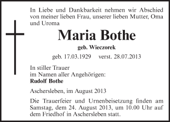 Traueranzeige von Maria Bothe von WVG - Wochenspiegel Aschersleben