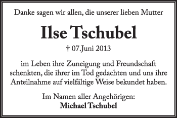 Traueranzeige von Ilse Tschubel von Super Sonntag Wittenberg