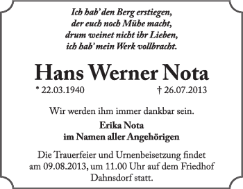 Traueranzeige von Hans Werner  Nota von Super Sonntag Dessau / Köthen