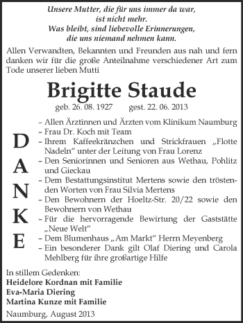 Traueranzeige von Brigitte Staude von WVG - Wochenspiegel NMB / WSF / ZTZ