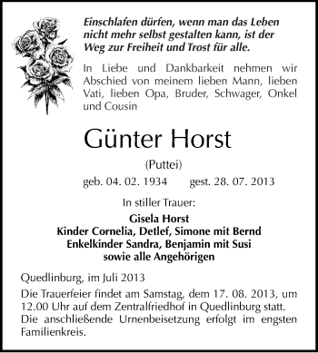 Traueranzeige von Günter Horst von WVG - Wochenspiegel Quedlinburg