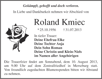 Traueranzeige von Roland Kmiec von WVG - Wochenspiegel Merseburg