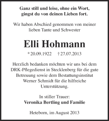Traueranzeige von Elli Hohmann von WVG - Wochenspiegel Quedlinburg