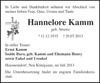 Traueranzeige von Hannelore Kamm von WVG - Wochenspiegel Quedlinburg