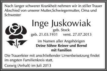 Traueranzeige von Inge Juskowiak von Super Sonntag Wittenberg