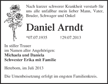 Traueranzeige von Daniel Arndt von WVG - Wochenspiegel Quedlinburg