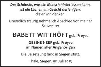 Traueranzeige von Babett Witthöft von Super Sonntag Quedlinburg
