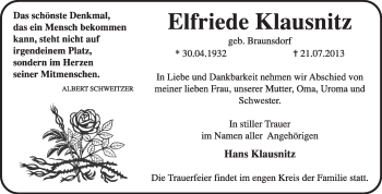 Traueranzeige von Elfriede Klausnitz von Super Sonntag Wittenberg