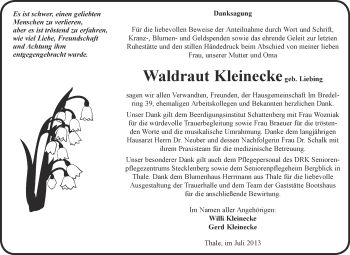 Traueranzeige von Waldraut Kleinecke von WVG - Wochenspiegel Quedlinburg