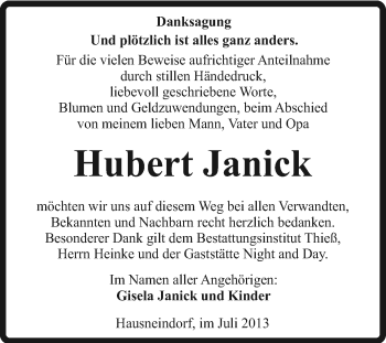 Traueranzeige von Hubert Janick von Super Sonntag Quedlinburg