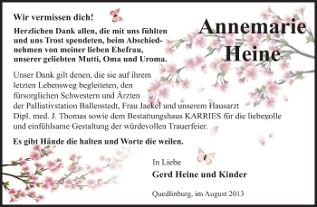 Traueranzeige von Annemarie Heine von WVG - Wochenspiegel Quedlinburg