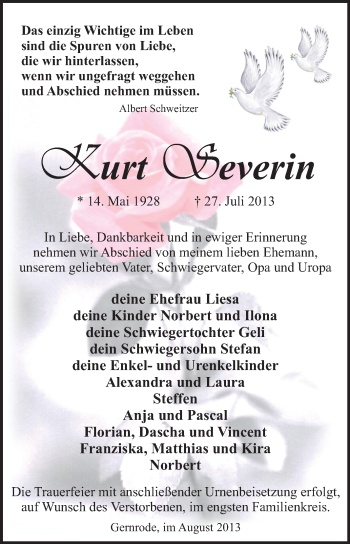 Traueranzeige von Kurt Severin von WVG - Wochenspiegel Quedlinburg
