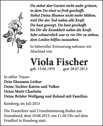 Traueranzeige von Viola Fischer von WVG - Wochenspiegel Wittenberg
