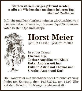 Traueranzeige von Horst Meier von Super Sonntag Bernburg