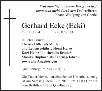 Traueranzeige von Gerhard Ecke von WVG - Wochenspiegel Quedlinburg