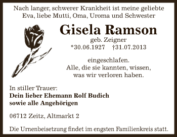 Traueranzeige von Gisela Ramson von Super Sonntag Zeitz