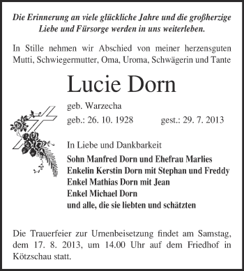 Traueranzeige von Lucie Dorn von Super Sonntag Merseburg
