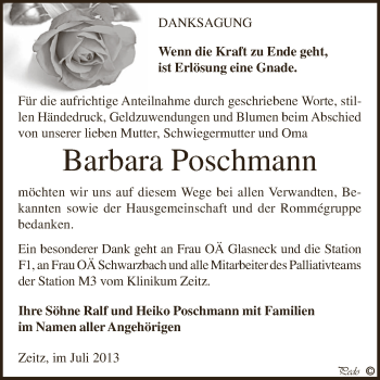 Traueranzeige von Barbara Poschmann von Super Sonntag Zeitz