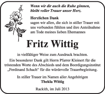 Traueranzeige von Fritz Wittig von WVG - Wochenspiegel Wittenberg