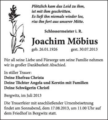 Traueranzeige von Joachim Möbius von WVG - Wochenspiegel Wittenberg