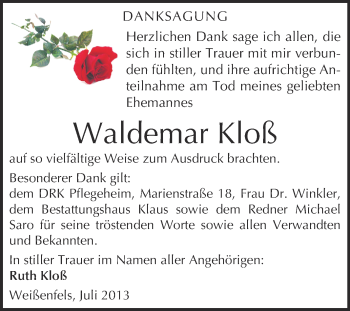 Traueranzeige von Waldemar Kloß von WVG - Wochenspiegel NMB / WSF / ZTZ