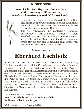 Traueranzeige von Eberhard Eschholz von Wochenspiegel Mansfelder Land