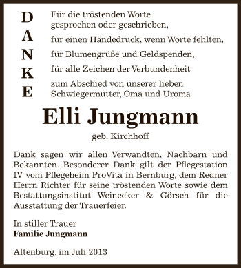 Traueranzeige von Elli Jungmann von Super Sonntag Bernburg