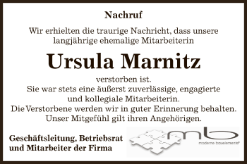 Traueranzeige von Ursula Marnitz von Super Sonntag Bernburg