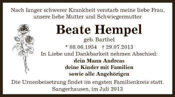 Traueranzeige von Beate Hempel von WVG - Wochenspiegel SGH