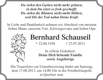 Traueranzeige von Bernhard Schauseil von WVG - Wochenspiegel Merseburg