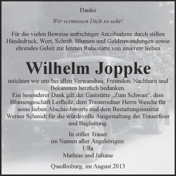 Traueranzeige von Wilhelm Joppke von WVG - Wochenspiegel Quedlinburg