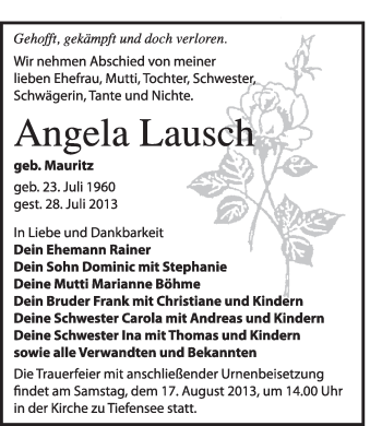 Traueranzeige von Angela Lausch von Super Sonntag Wittenberg