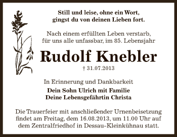 Traueranzeige von Rudolf Knebler von WVG - Wochenspiegel Dessau / Köthen