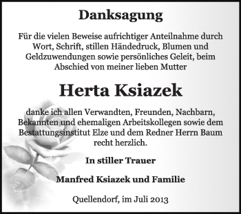 Traueranzeige von Herta Ksiazek von Super Sonntag Dessau / Köthen