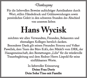 Traueranzeige von Hans Wycisk von Super Sonntag Dessau / Köthen
