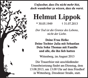 Traueranzeige von Helmut Lippok von WVG - Wochenspiegel Wittenberg