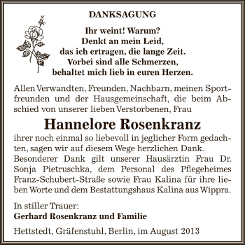 Traueranzeige von Hannelore Rosenkranz von Super Sonntag SGH Mansf. Land