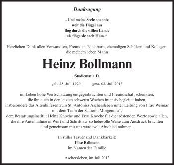 Traueranzeige von Heinz Bollmann von WVG - Wochenspiegel Aschersleben