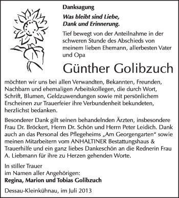Traueranzeige von Günther Golibzuch von Super Sonntag Dessau / Köthen