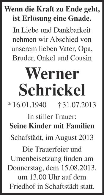 Traueranzeige von Werner Schrickel von WVG - Wochenspiegel Merseburg