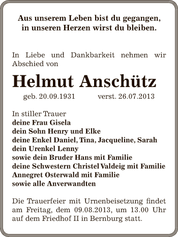 Traueranzeige von Helmut Anschütz von Super Sonntag Bernburg