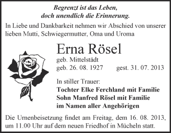 Traueranzeige von Erna Rösel von Mitteldeutsche Zeitung