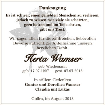 Traueranzeige von Herta Wamser von Super Sonntag Zeitz
