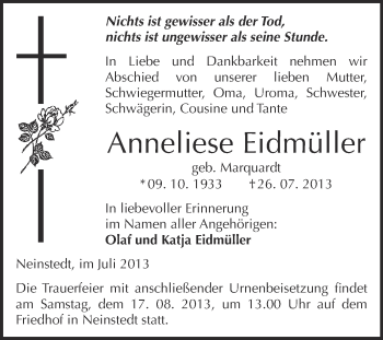 Traueranzeige von Anneliese Eidmüller von WVG - Wochenspiegel Quedlinburg