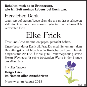 Traueranzeige von Elke Frick von WVG - Wochenspiegel NMB / WSF / ZTZ