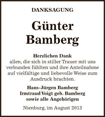 Traueranzeige von Günter Bamberg von Super Sonntag Bernburg