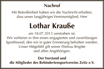 Traueranzeige von Lothar Krauße von Super Sonntag Zeitz