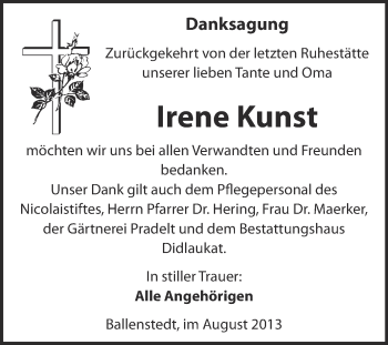 Traueranzeige von Irene Kunst von WVG - Wochenspiegel Quedlinburg