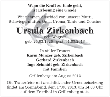 Traueranzeige von Ursula Zirkenbach von Super Sonntag SGH Mansf. Land